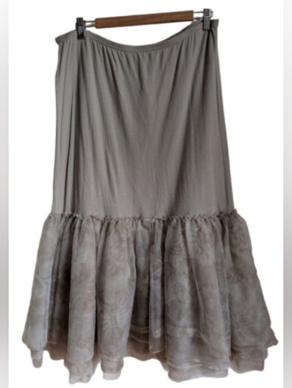 French Beige Abstract Tiered Tulle Cotton Ruffled Maxi Skirt Size Extra-Large - Picture 1 of 11